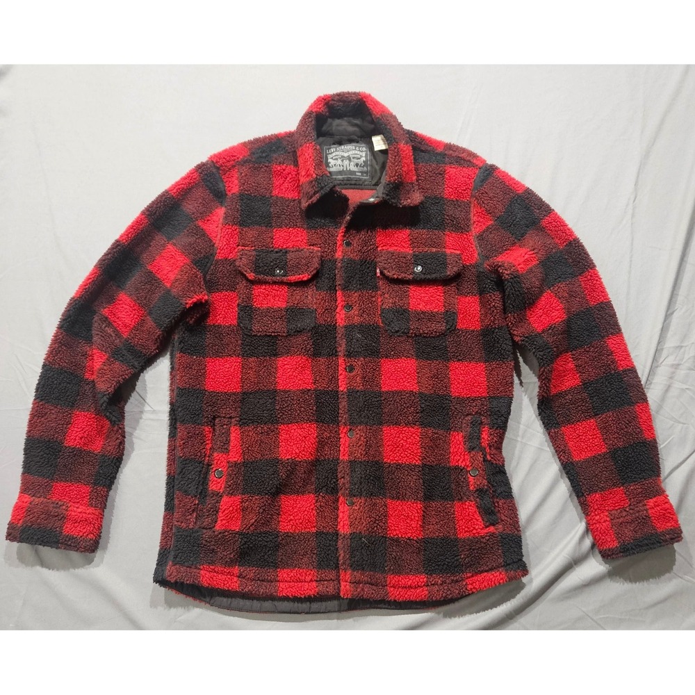 Levi Strauss Shirt Jacket Mens M Red Black Buffalo Plaid Sherpa Fleece